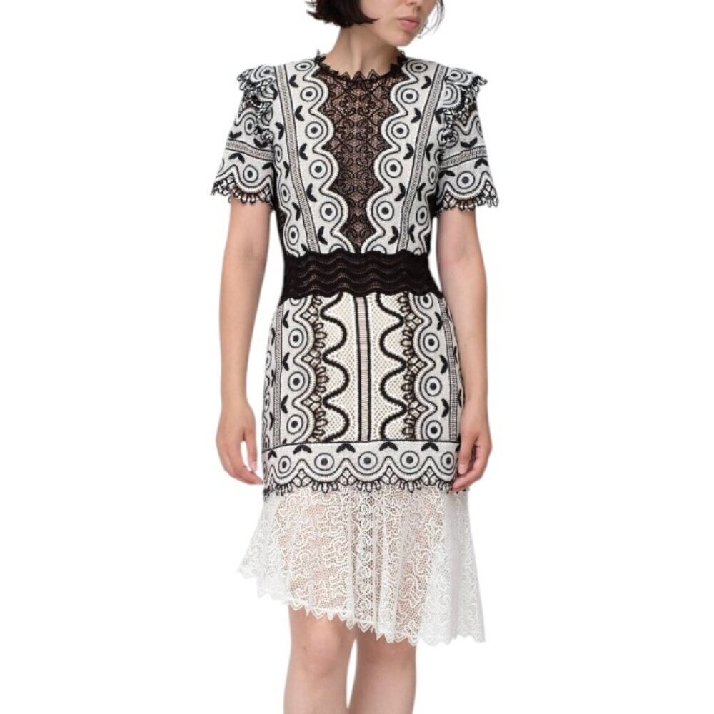 SEA New York Lola Black White Crochet Lace Ruffle Short Sleeve Dress